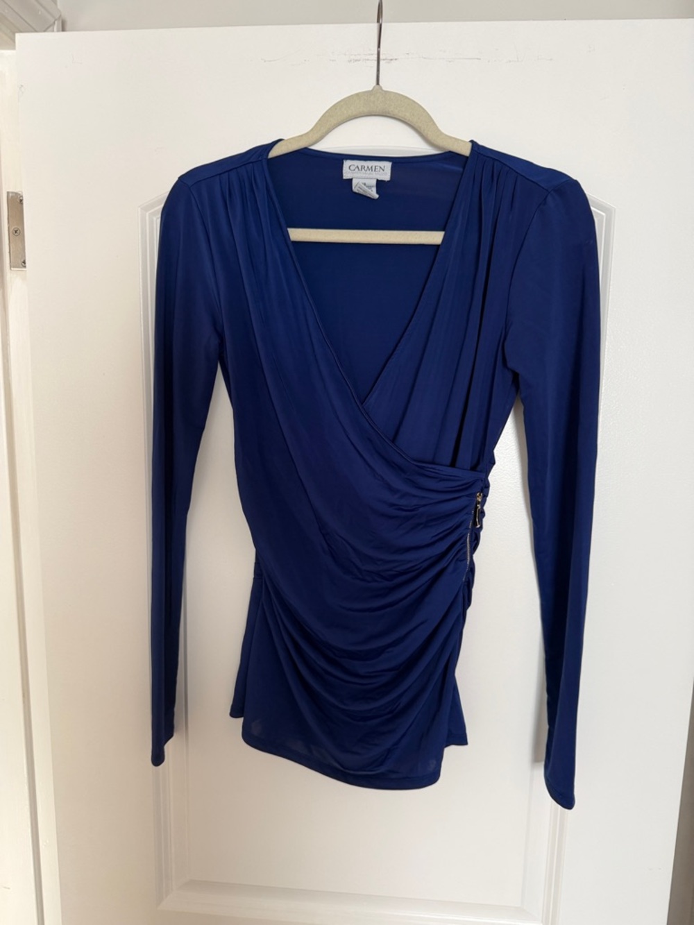 Carmen Marc Valvo Deep Blue Draped V-Neck Long Sleeve Top
